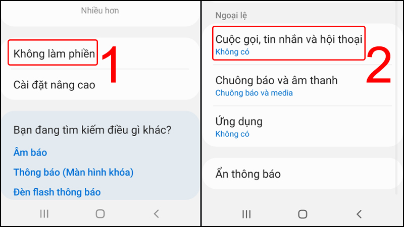 Thao tác trong mục không làm phiền 